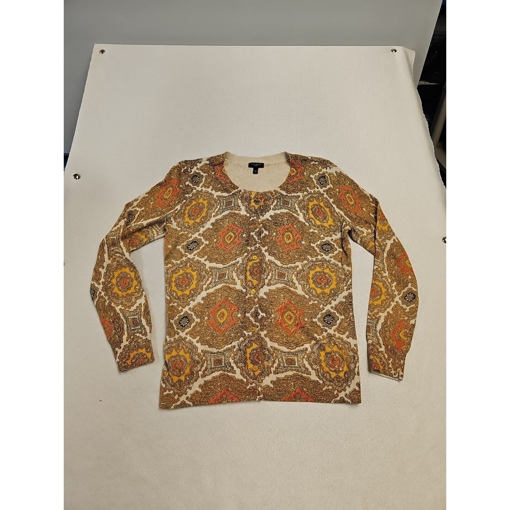 Talbots Sweater Cardigan Button Front Metallic Medallion Golden Orange Petite S